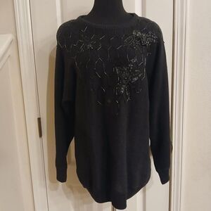 Black vintage 90s sweater with sequins and beaded flowers size large